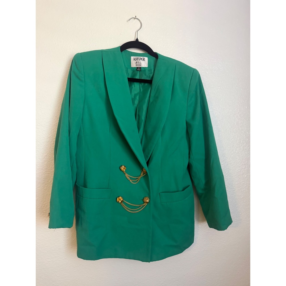 Kasper ASL Petite Vintage Grn Blazer Gold Chain Knot Button Double Breasted 12P